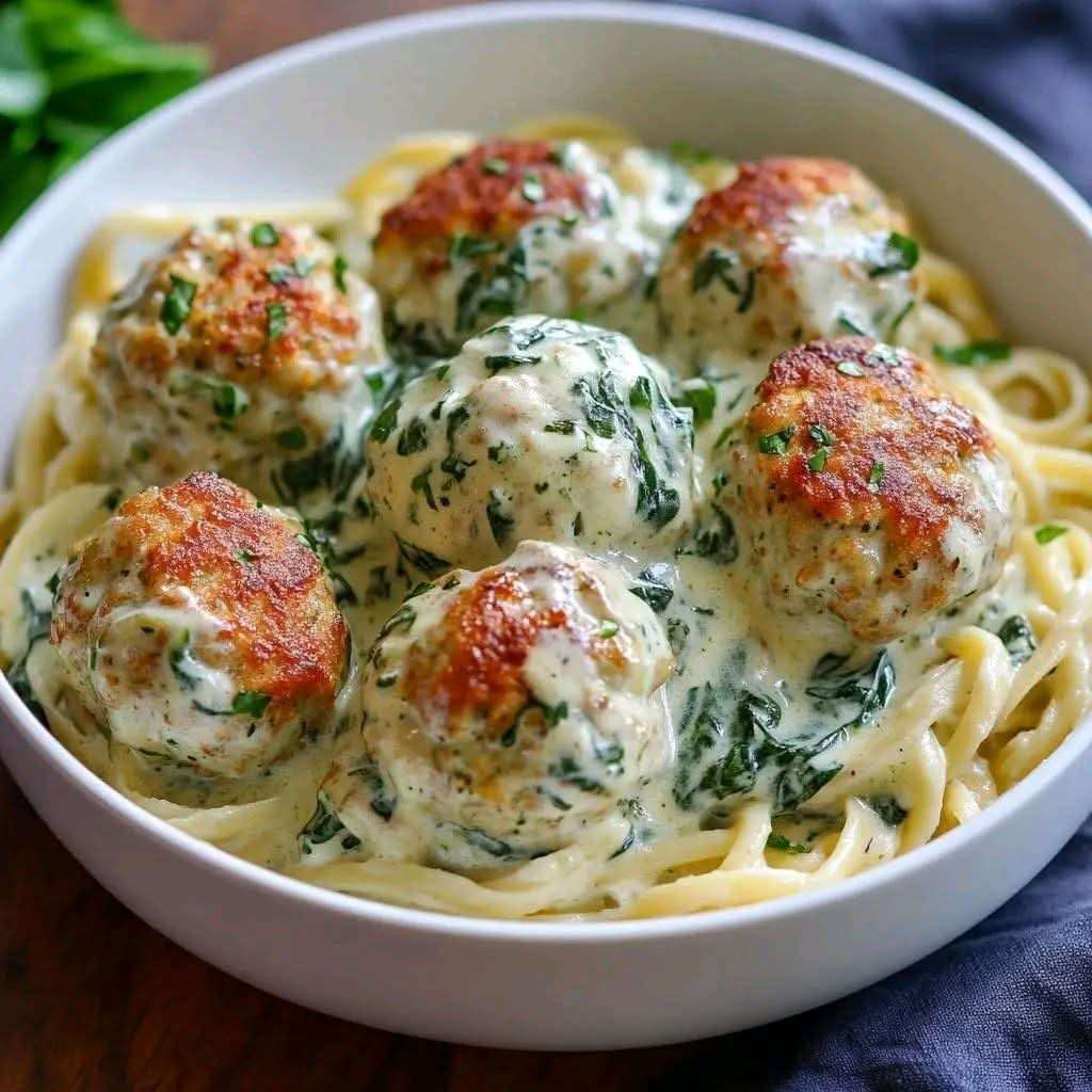 Chicken Ricotta Meatballs with Spinach Alfredo Sauce