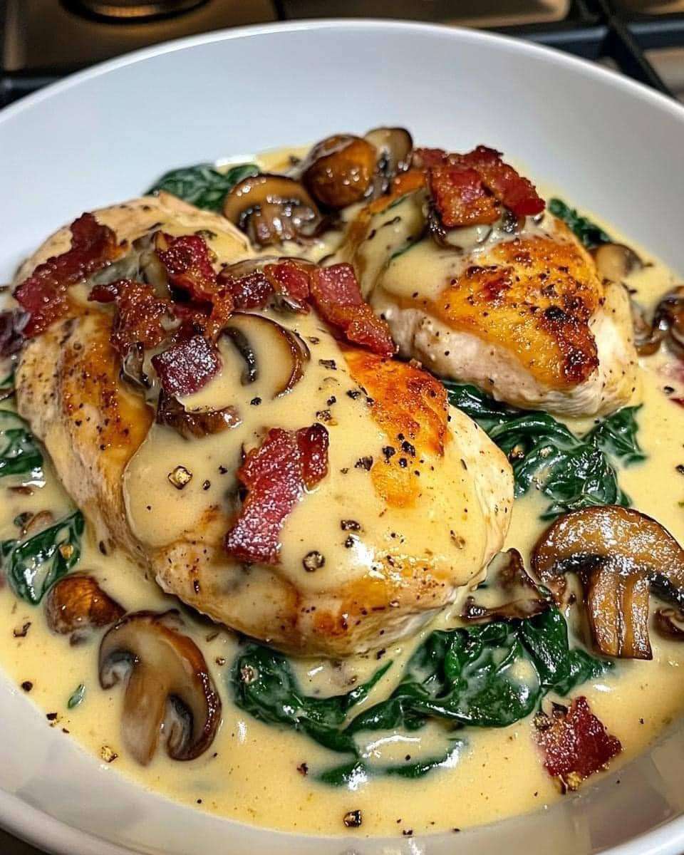 Smothered Chicken with Creamed Spinach Bacon and Mushrooms